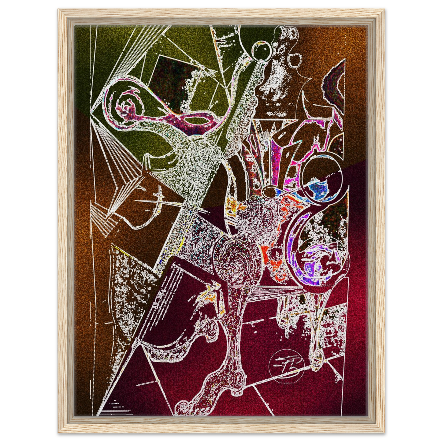 Abstract cellist artwork combining music and geometric forms
