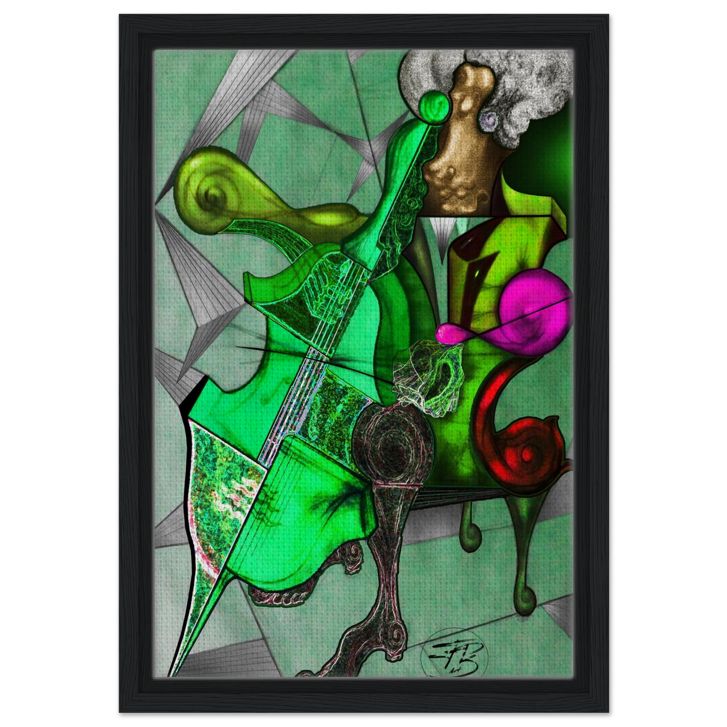 Vertical fine art print with organic green tones on wood frame

