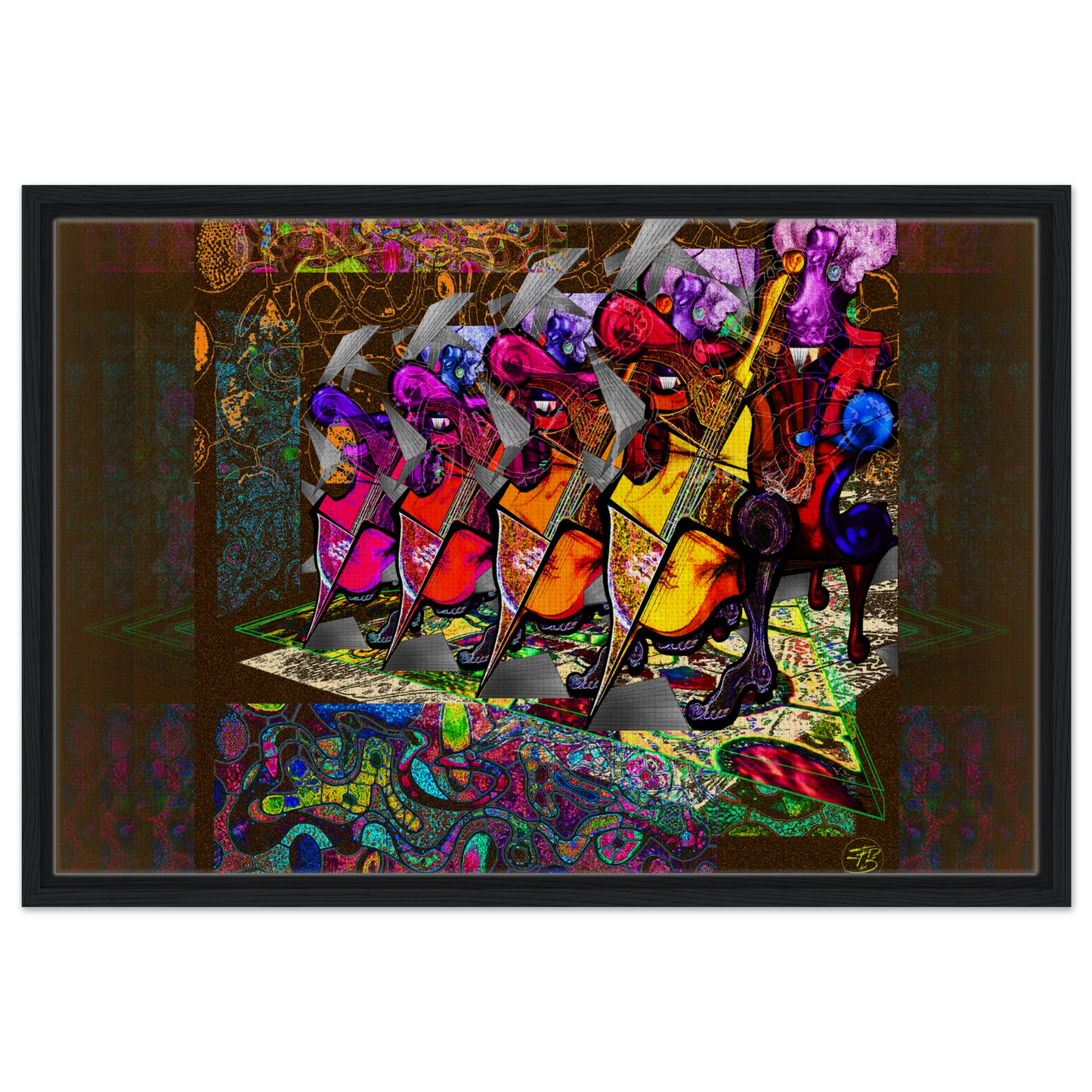 Fine art canvas print featuring a group of cellists in abstract rhythm
