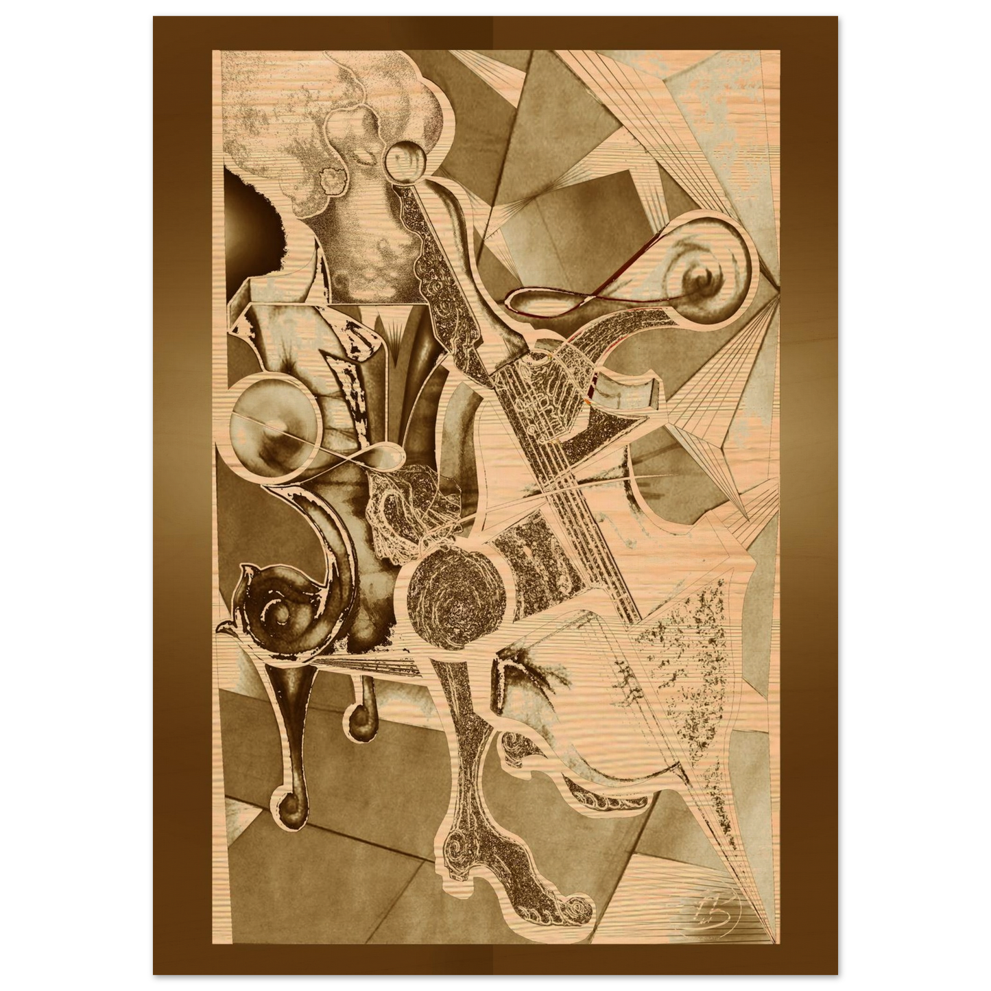 Contemporary digital artwork of a cellist printed on wood panel
