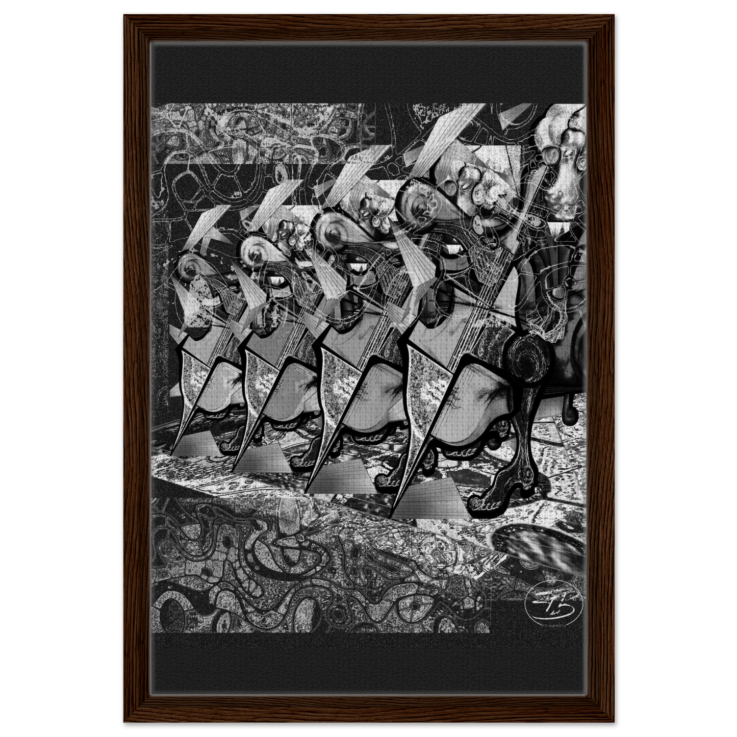 Abstract musical detail artwork inspired by cello strings
