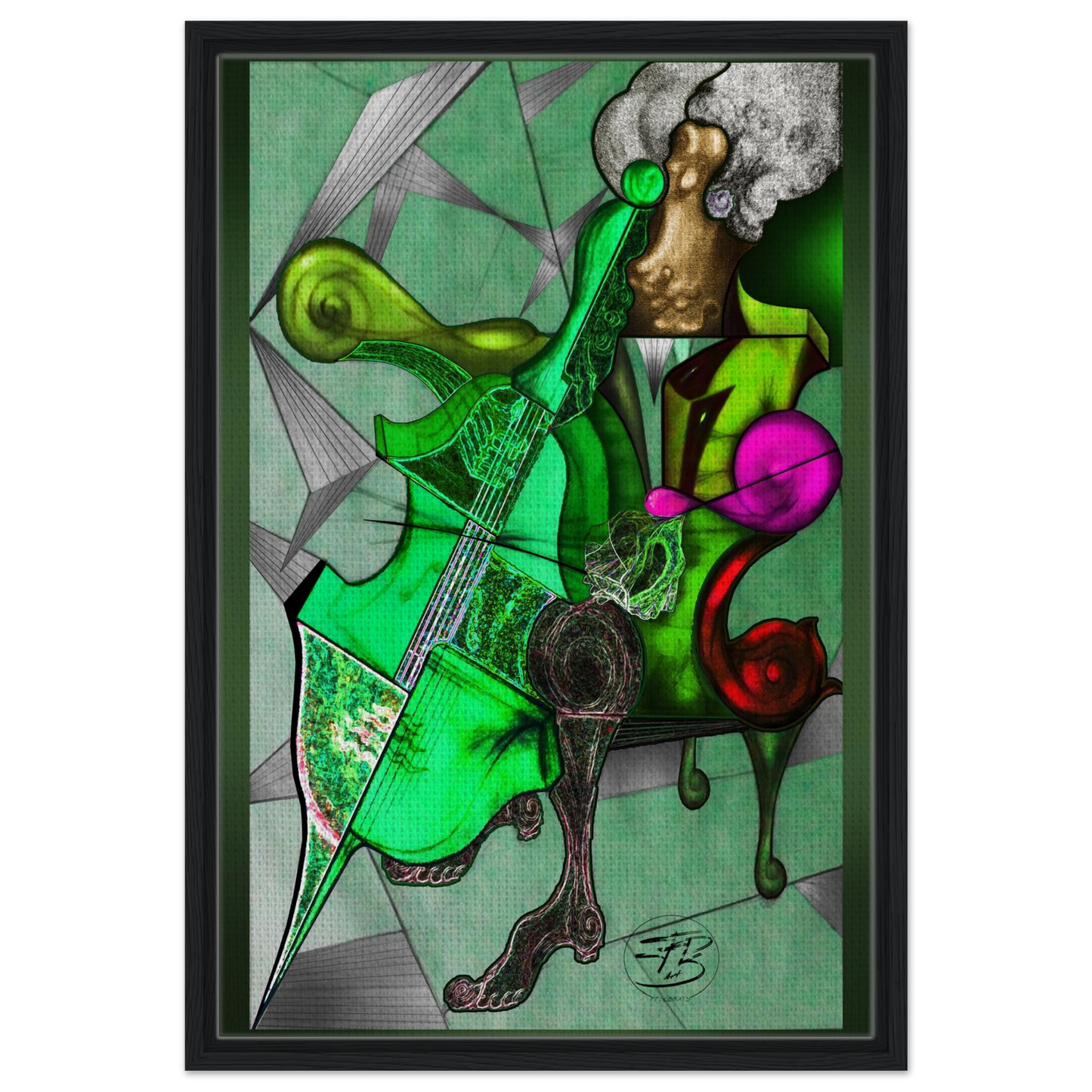 Vertical fine art print with organic green tones on wood frame
