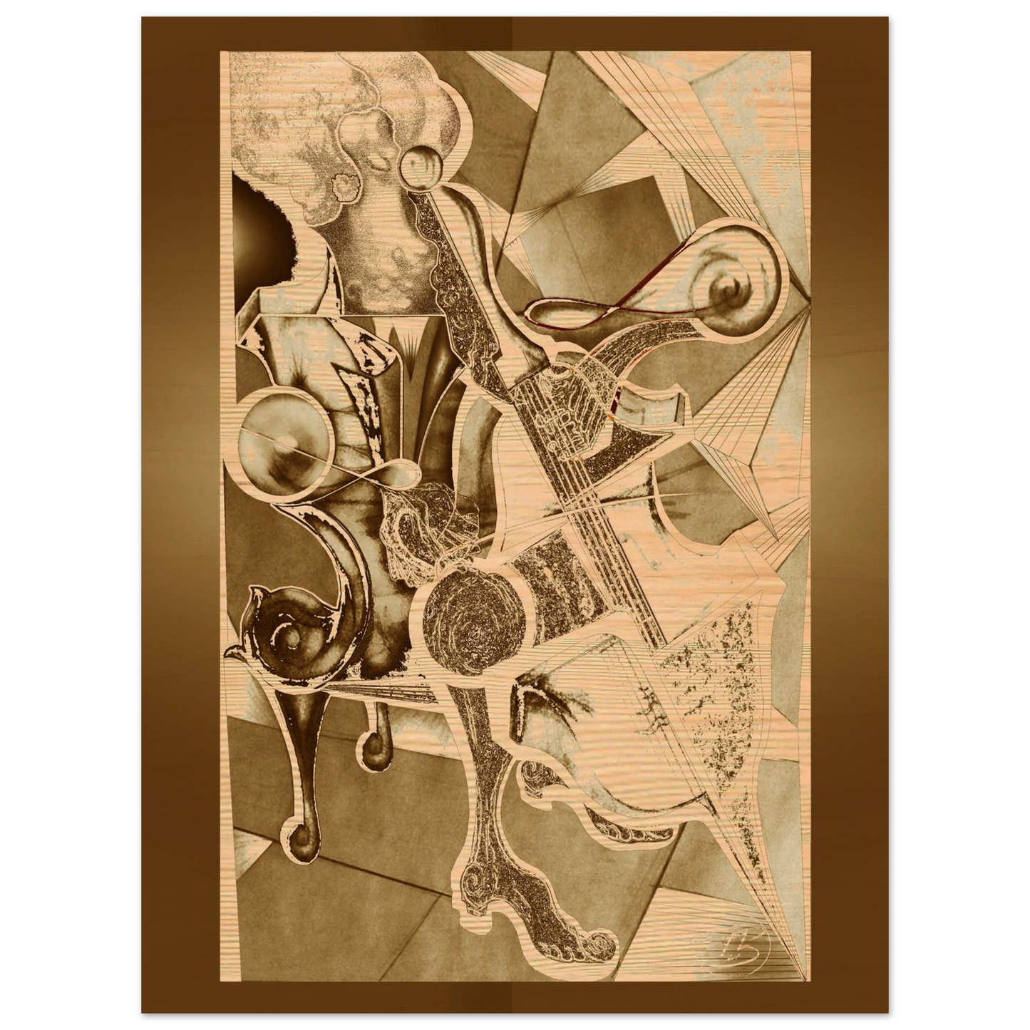 Modern cellist artwork combining music and natural wood surface

