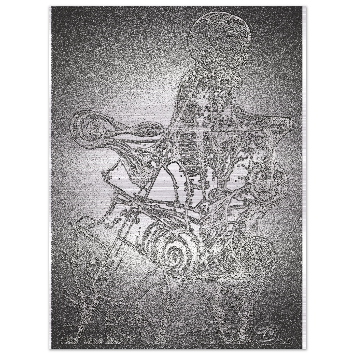 Contemporary digital artwork of a cellist printed on aluminum
