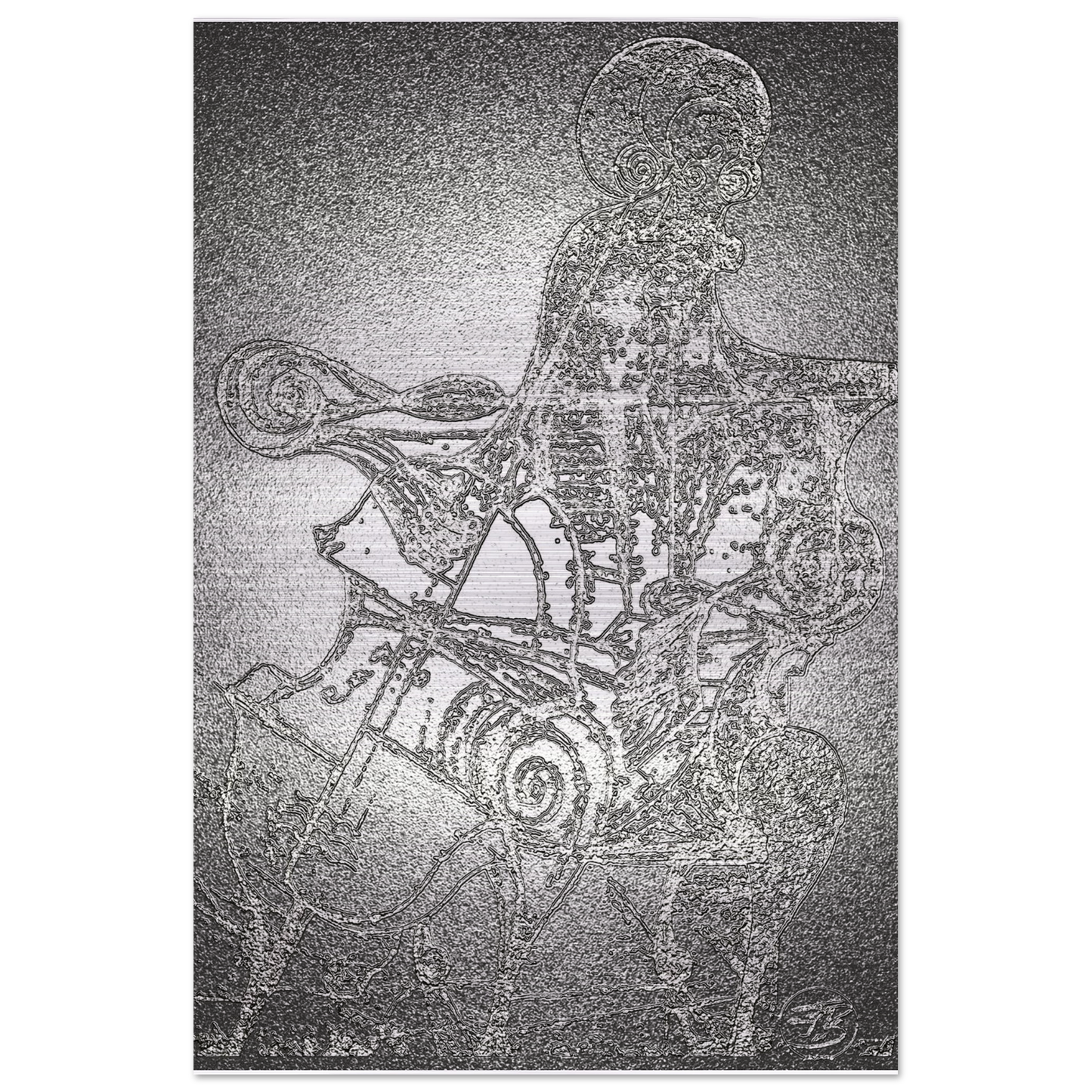 Modern cellist artwork with silver tones printed on metal panel

