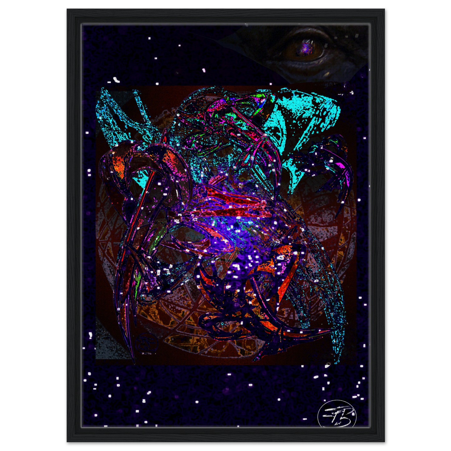 Mythological dragon fine art print with vibrant abstract colors
