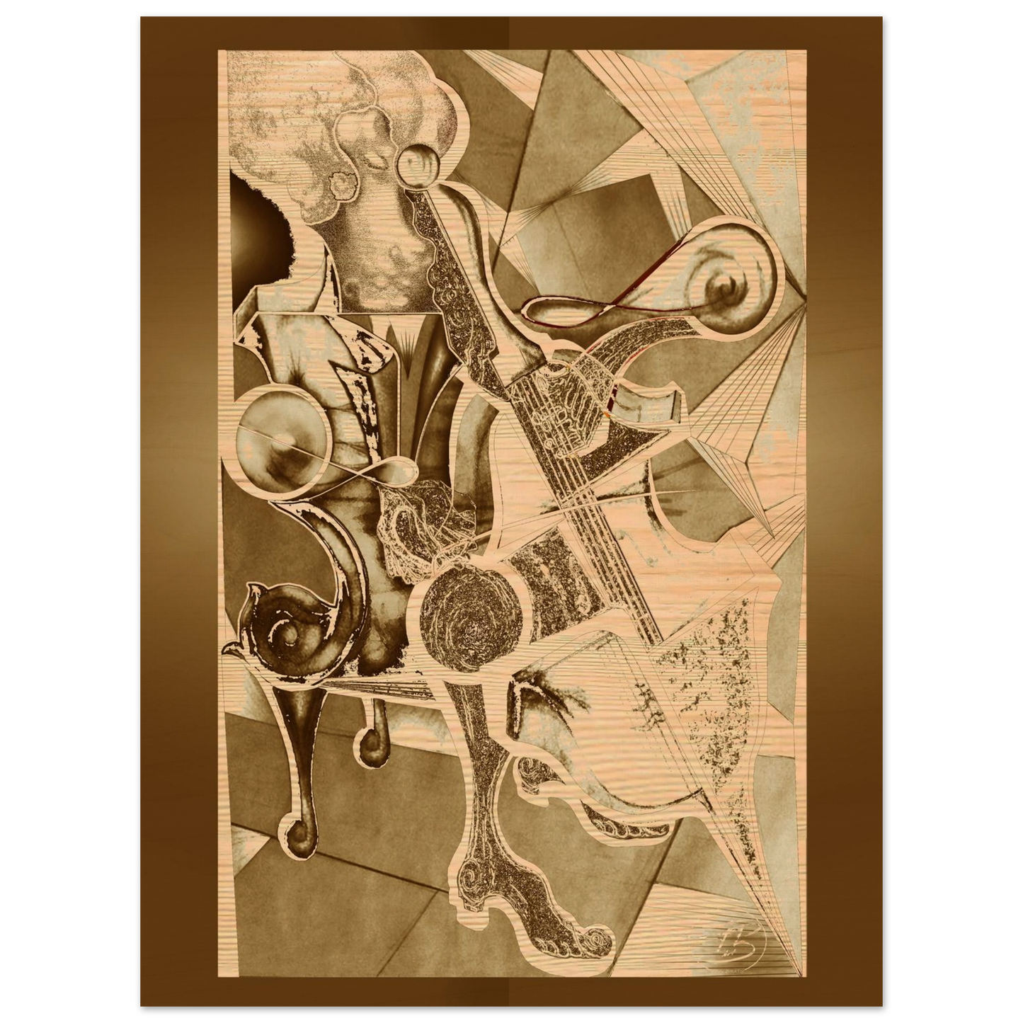 Fine art wood print depicting a cellist with organic texture
