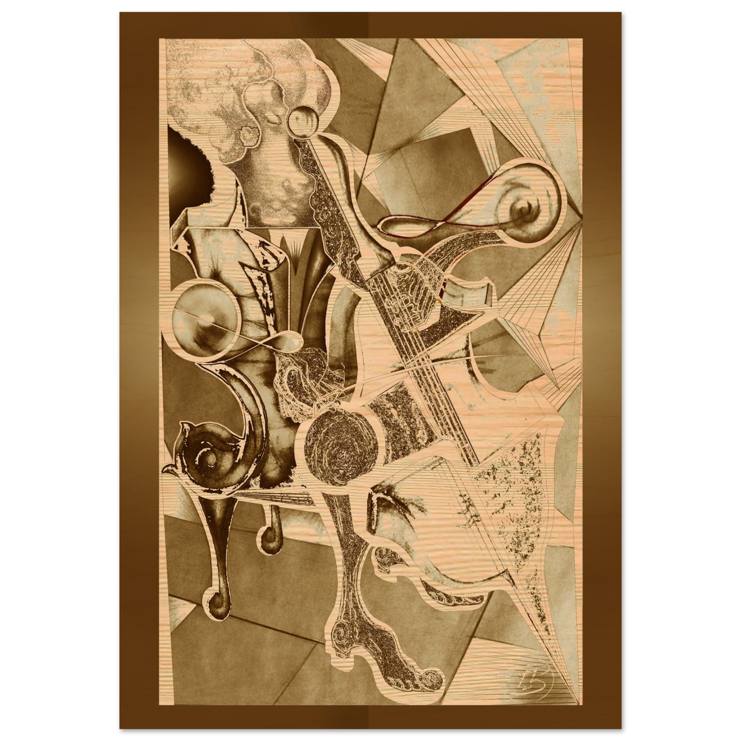 Cellist in wood fine art print on natural wood by SubiratsDArt
