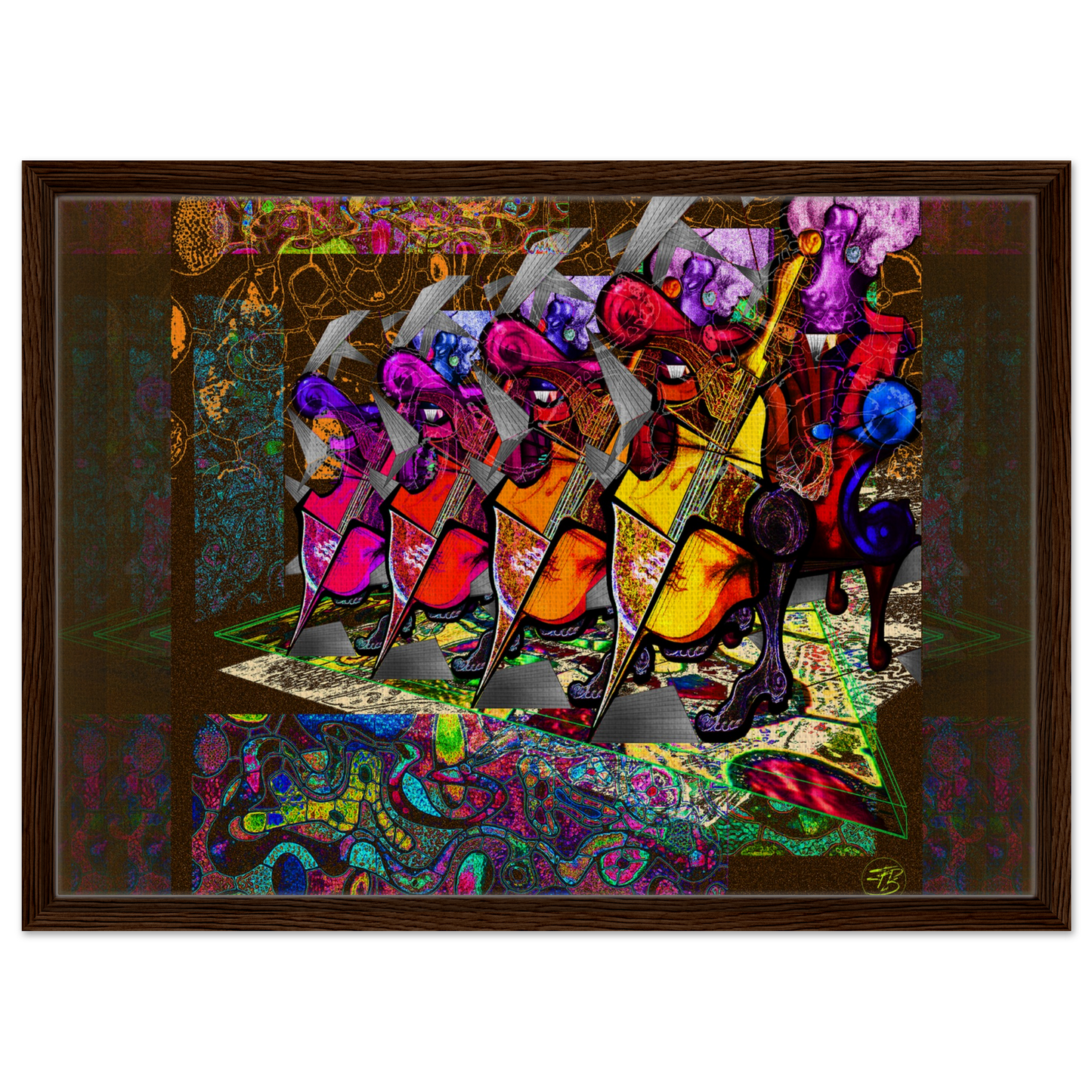 Digital art canvas on wood depicting several cellists together
