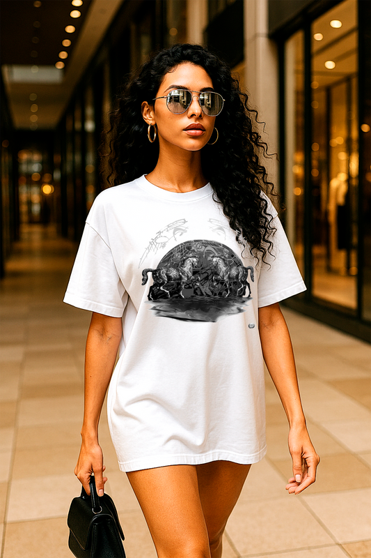 Women's Oversized T-Shirt | Organic In Conversion | Wild | Night Horses BW