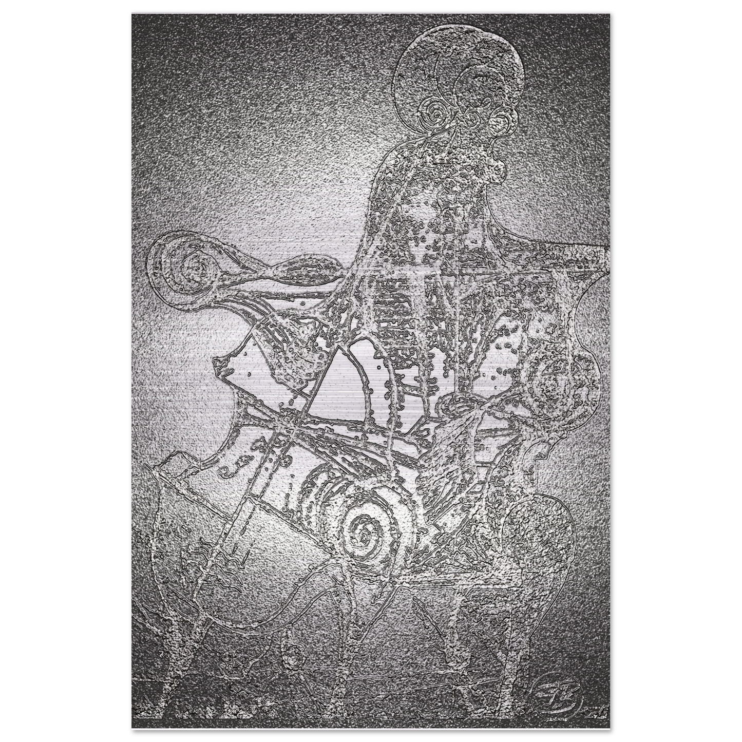 Digital cellist artwork emphasizing light and precision on metal
