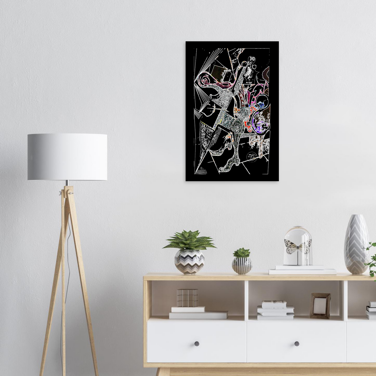 Large vertical modern art print on brushed metal surface
