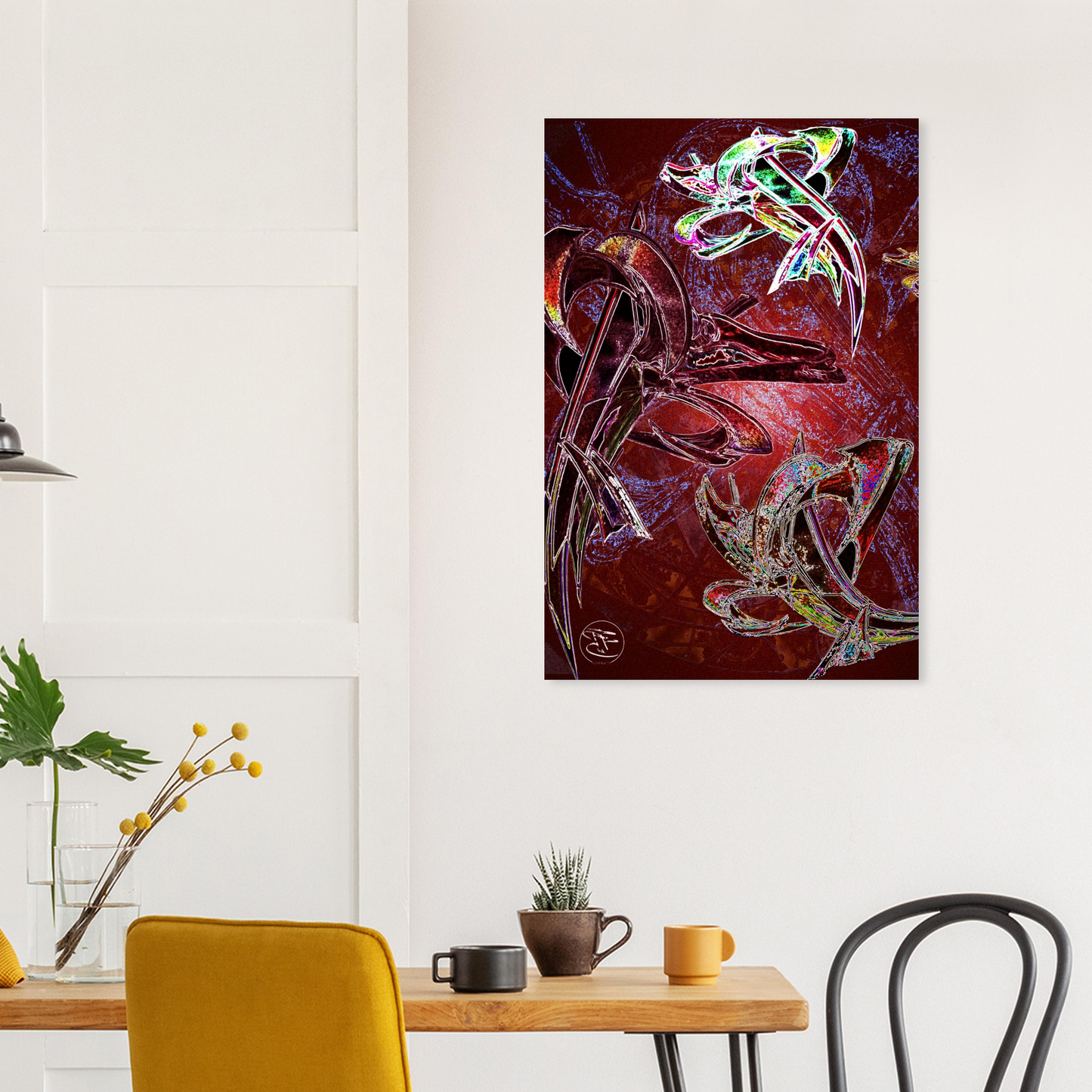 Fine art metal print featuring a symbolic dragon confrontation
