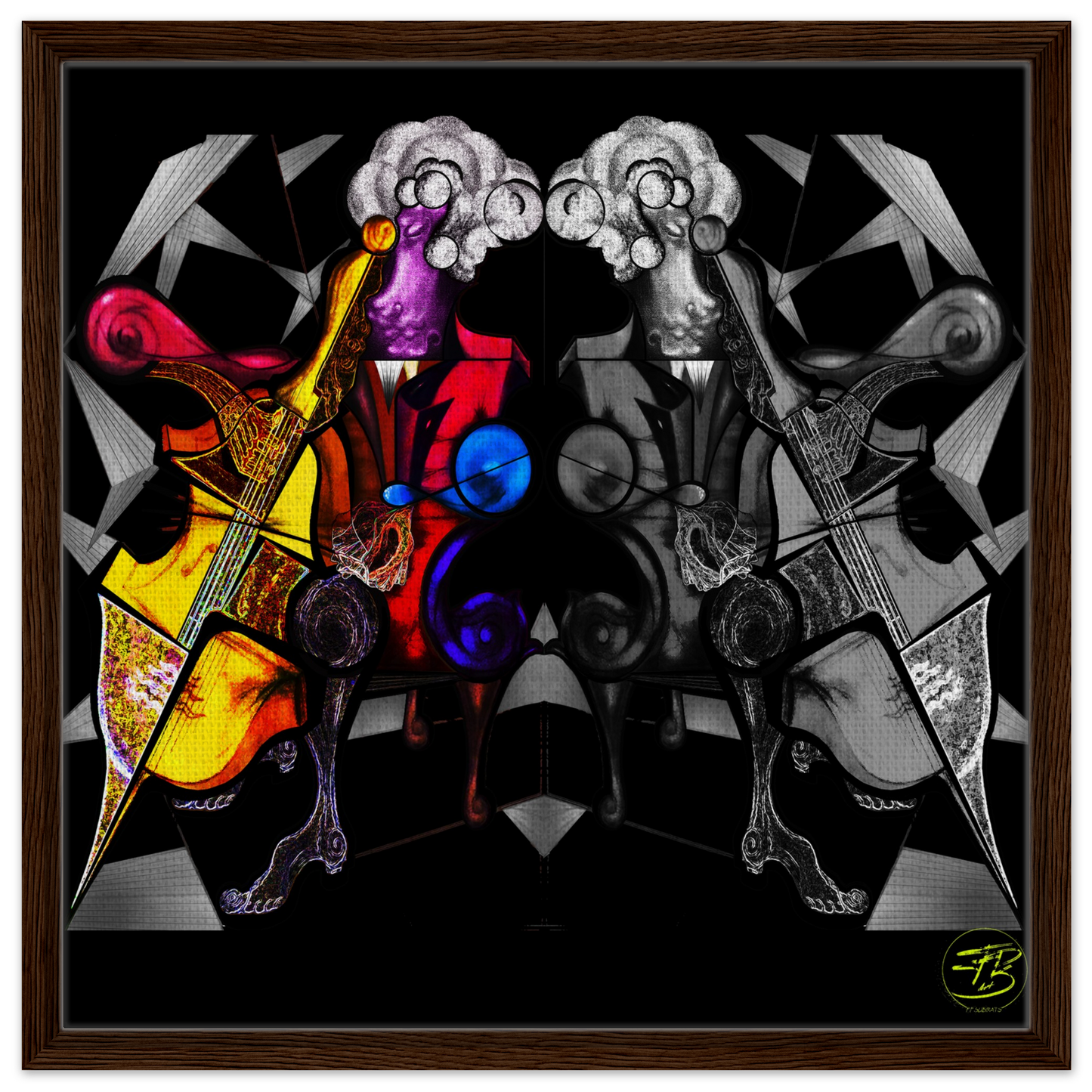 Contemporary digital artwork featuring two cellists in harmony
