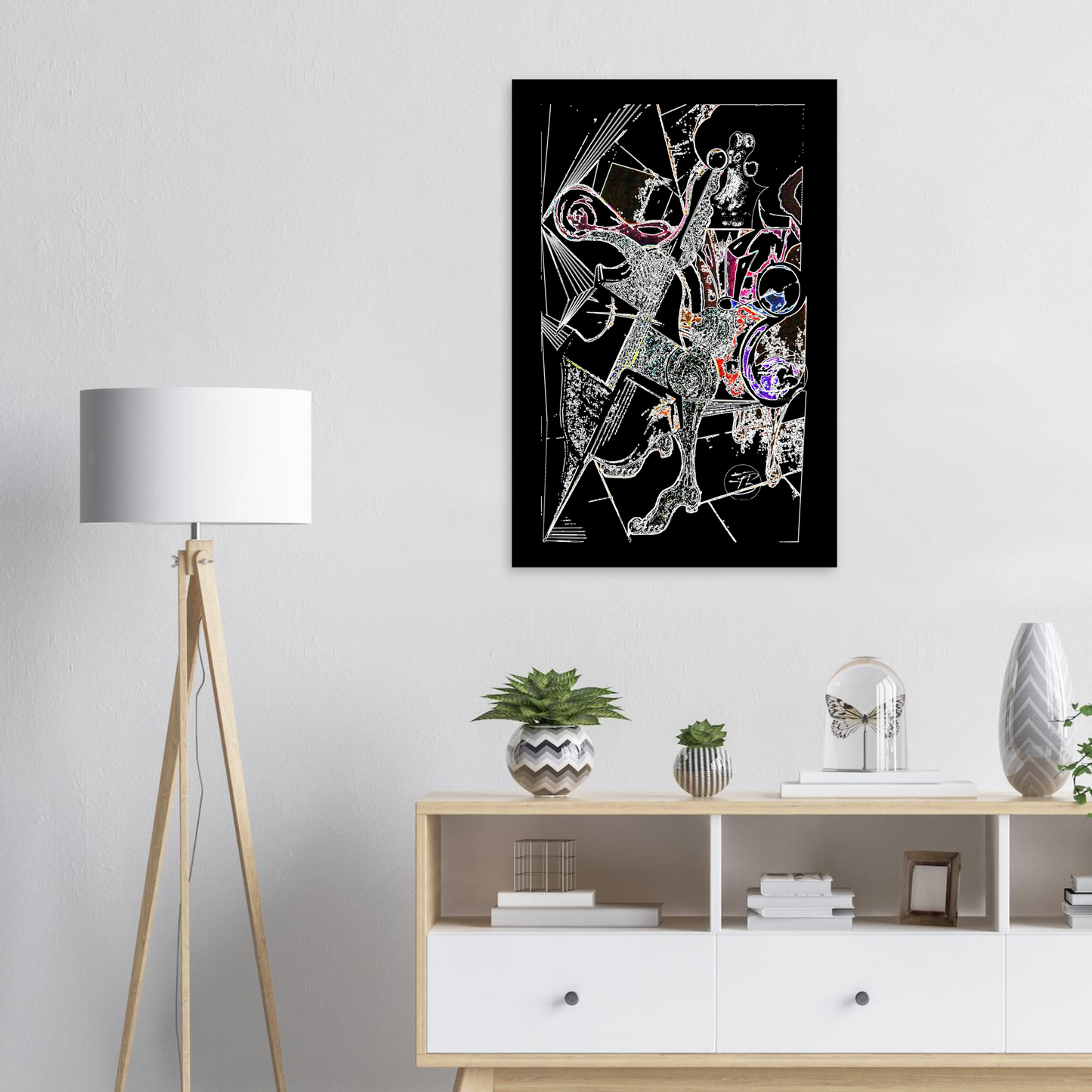 Contemporary music themed metal wall art with strong contrast
