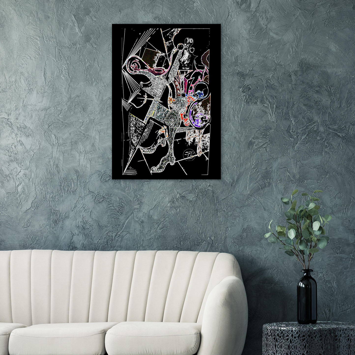 Large vertical modern art print on brushed metal surface
e