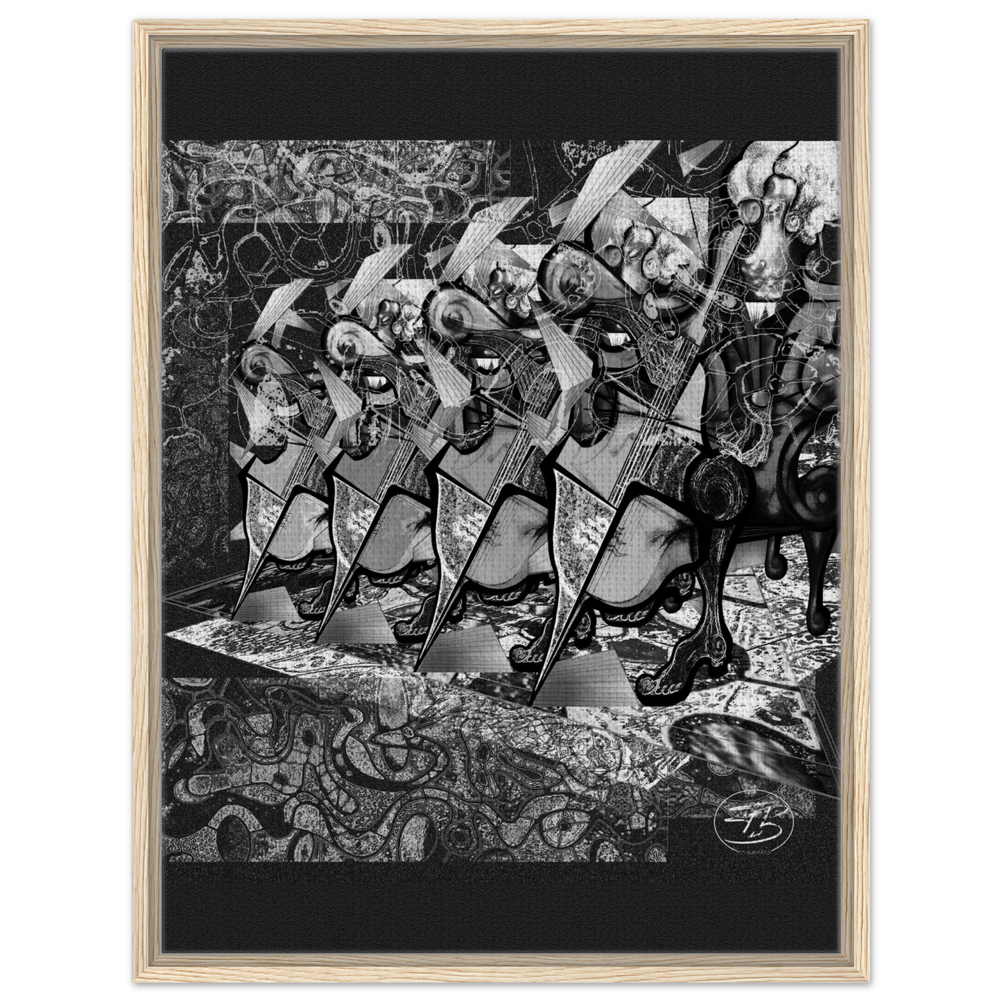 Contemporary digital artwork focusing on cello strings
