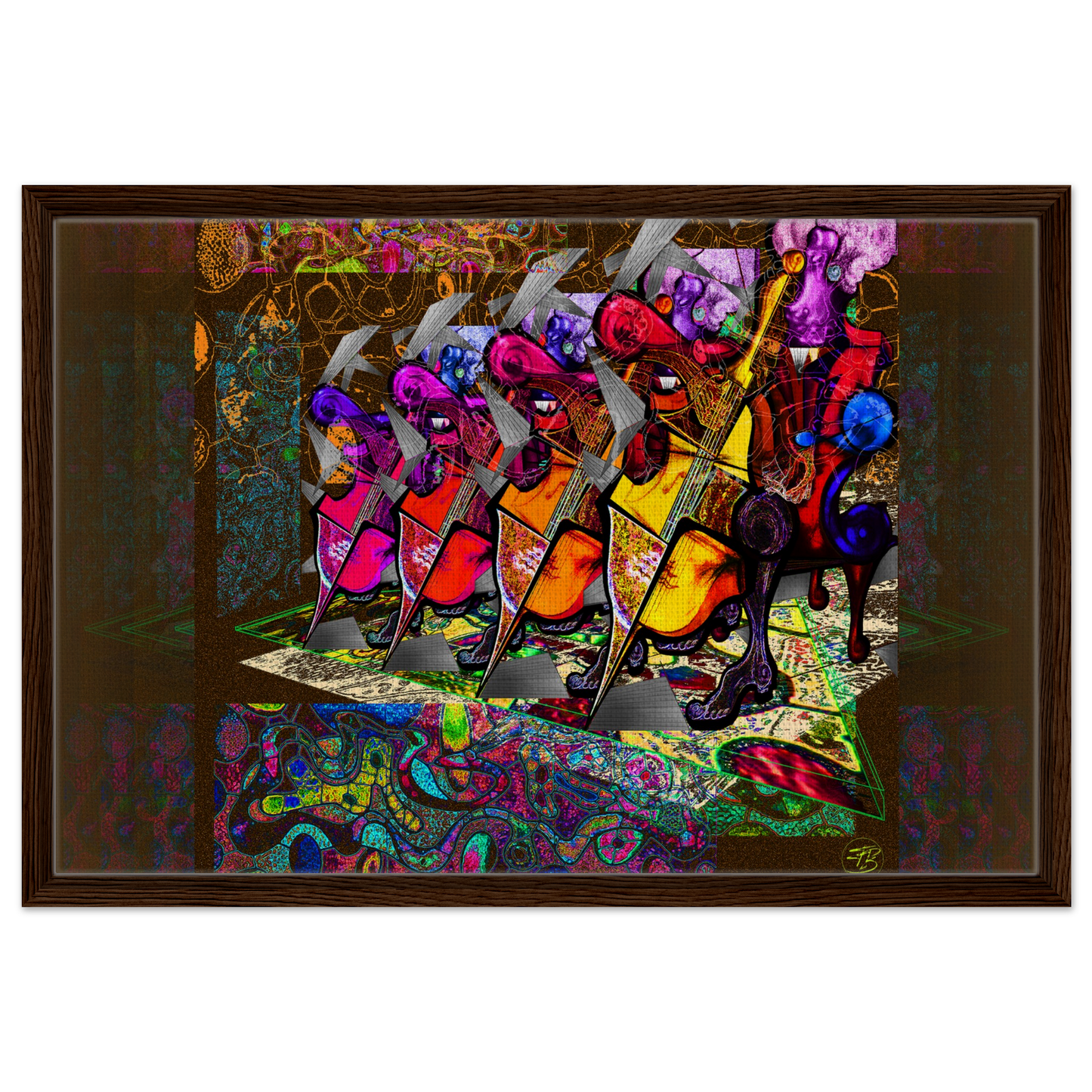 Contemporary digital artwork showing multiple cellists in composition
